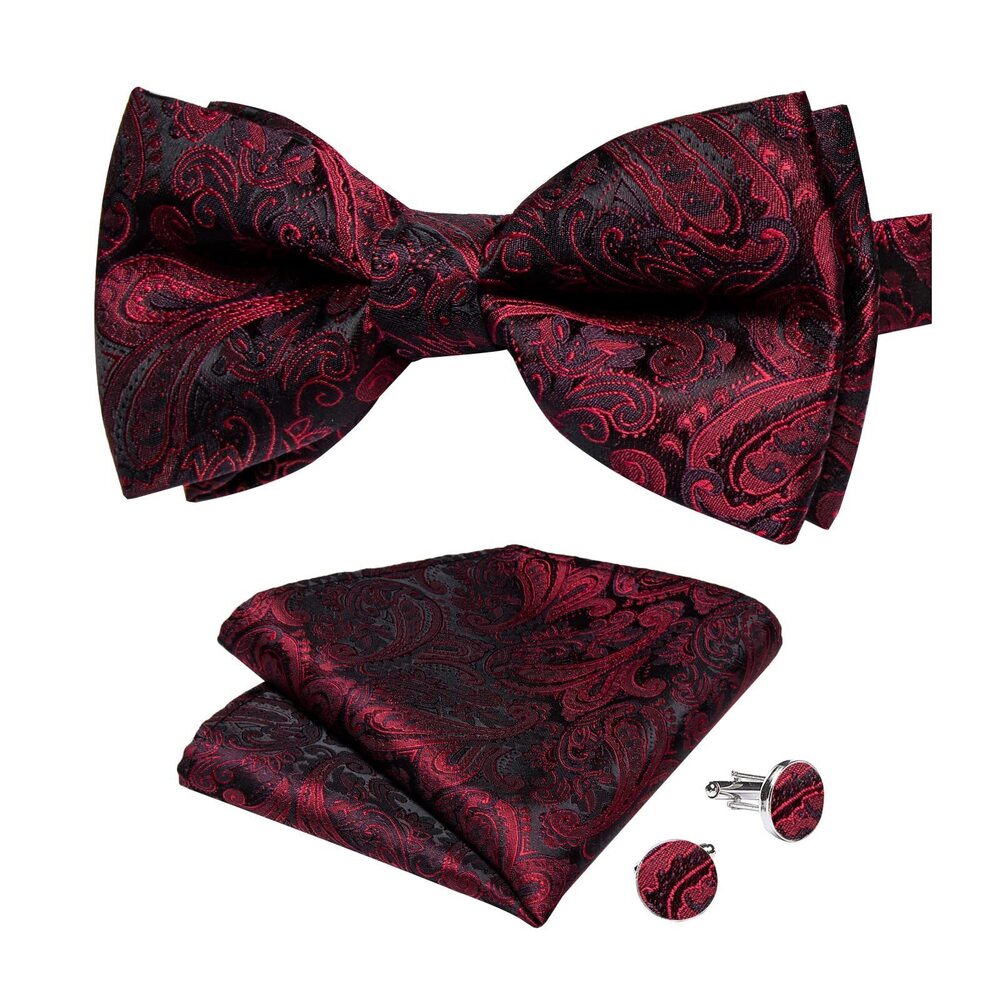 8770 Adjustable Bow Ties Silk Black Red Bowtie Pocket Square Cufflinks Set